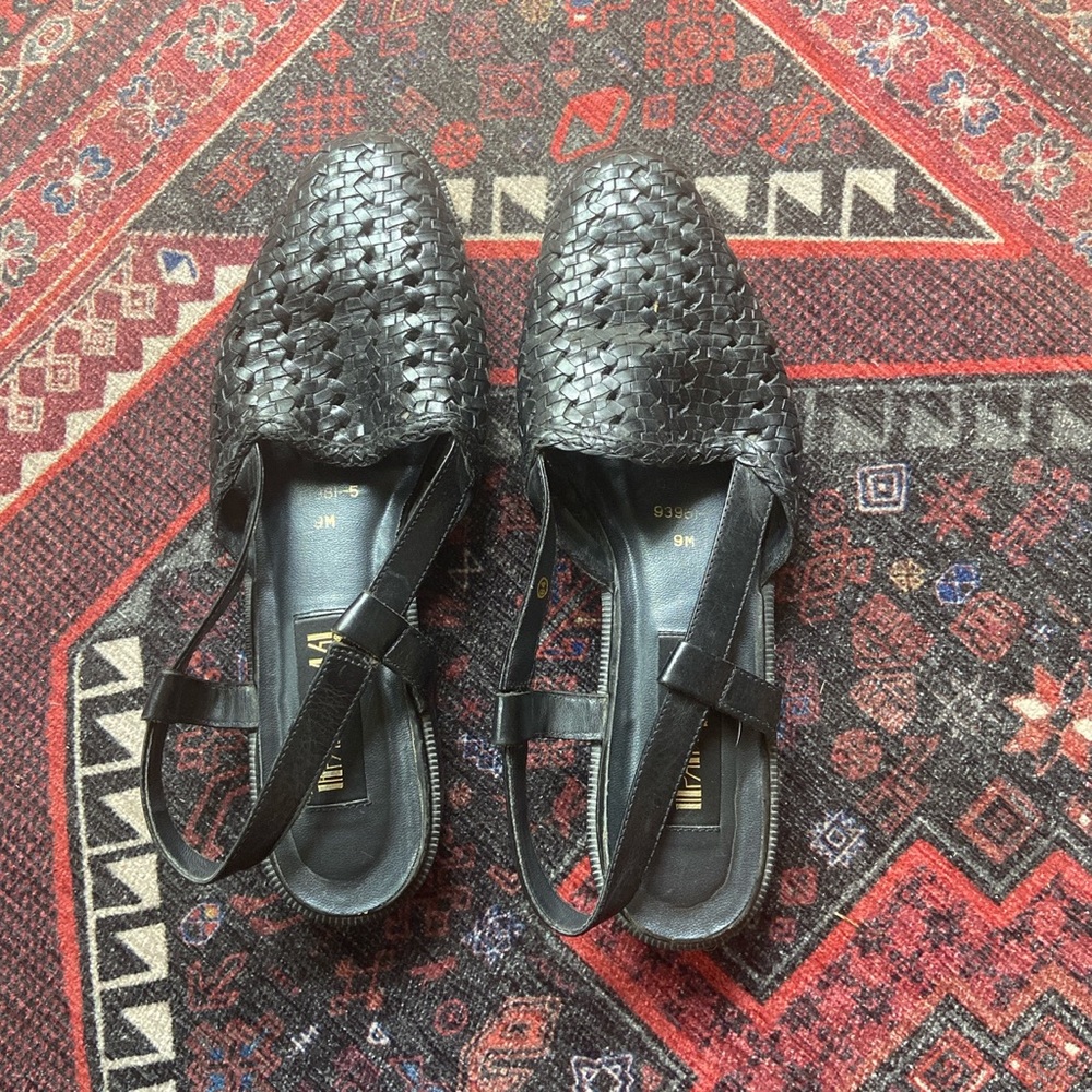Vintage black woven leather mules